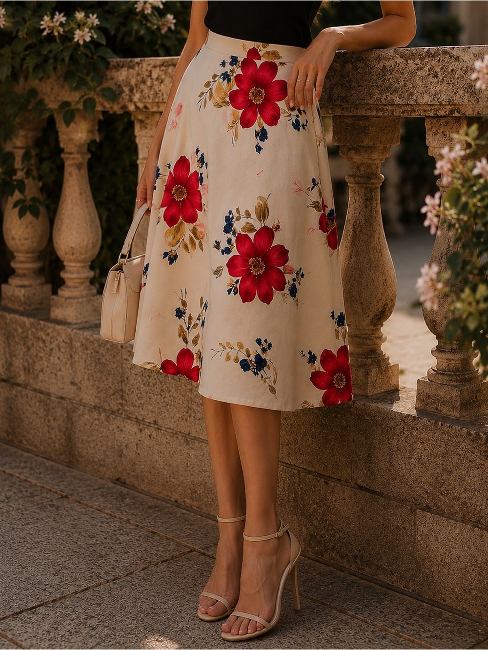 Like New! Floral A-Line Skirt - Red and Cream, Silk Blend, Lined, Gorgeous Fem - Picture 3 of 15